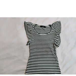 Striped Ruffle Sleeve Top in Green and White